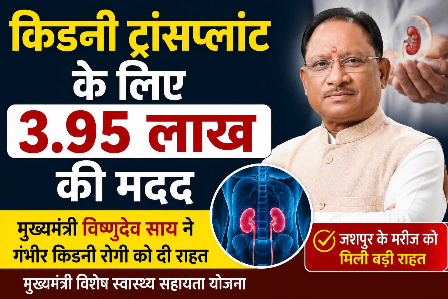 मुख्यमंत्री विष्णुदेव साय ने किडनी रोगी के इलाज के लिए स्वीकृत किए 3.95 लाख रुपये