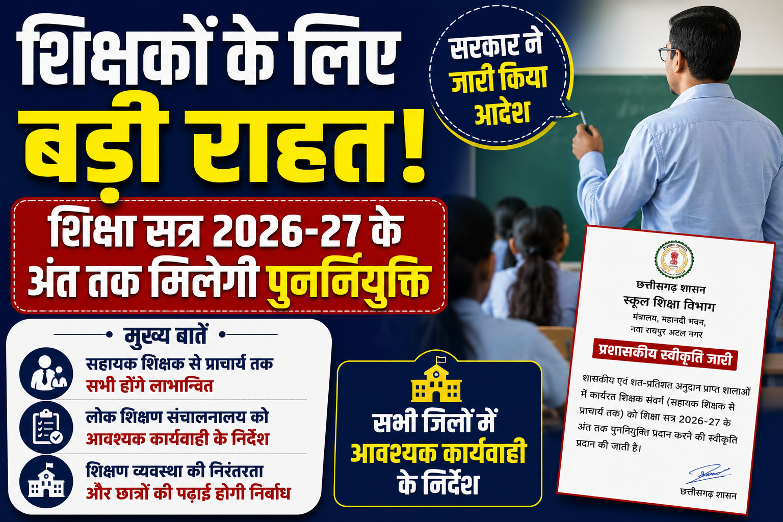 शिक्षकों के लिए बड़ी राहत: शिक्षा सत्र 2026-27 तक मिलेगी पुनर्नियुक्ति, सरकार ने जारी किया आदेश