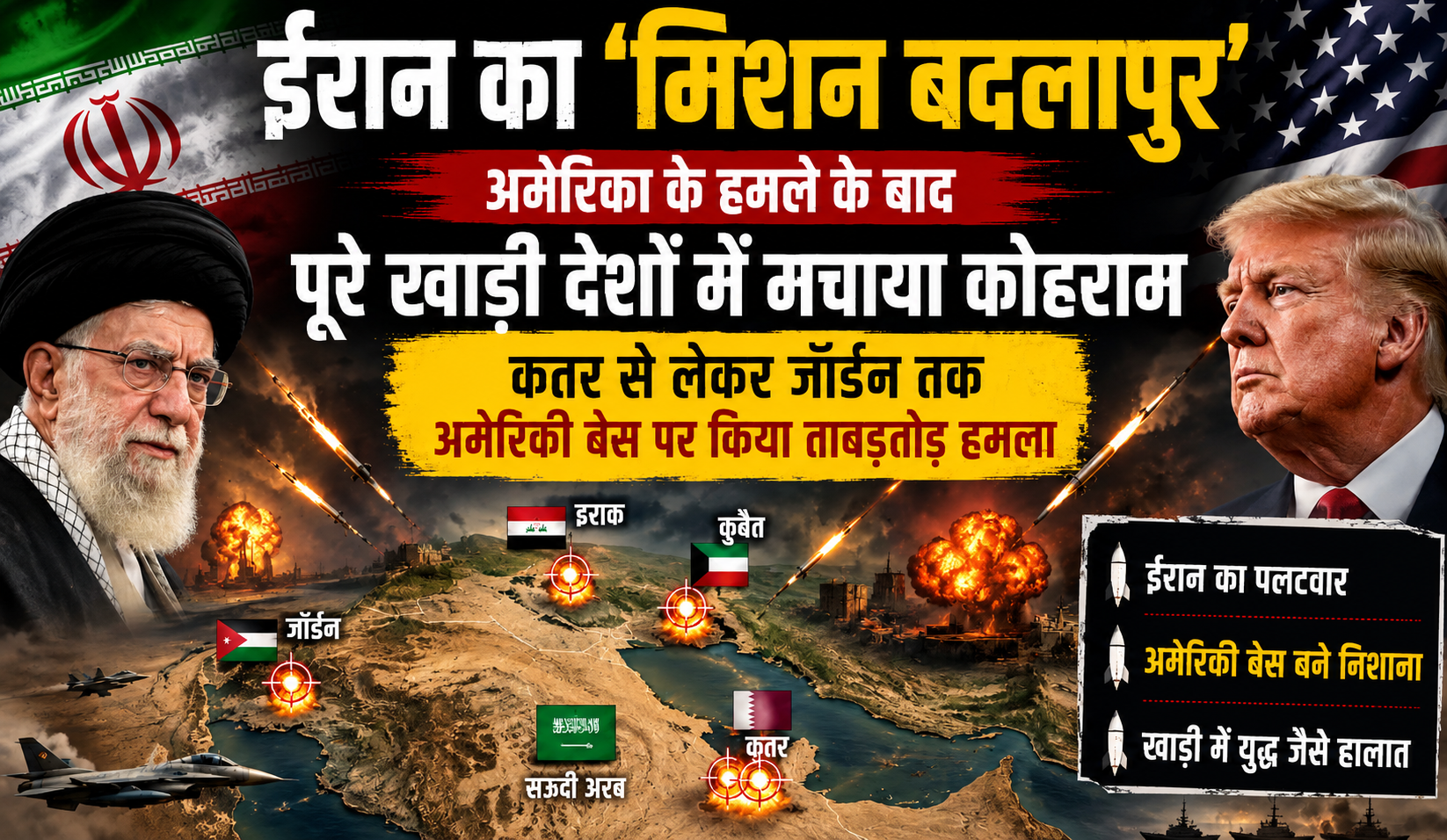 ईरान का पलटवार: बहरीन, कुवैत और जॉर्डन में अमेरिकी ठिकानों पर मिसाइल-ड्रोन हमलों का दावा