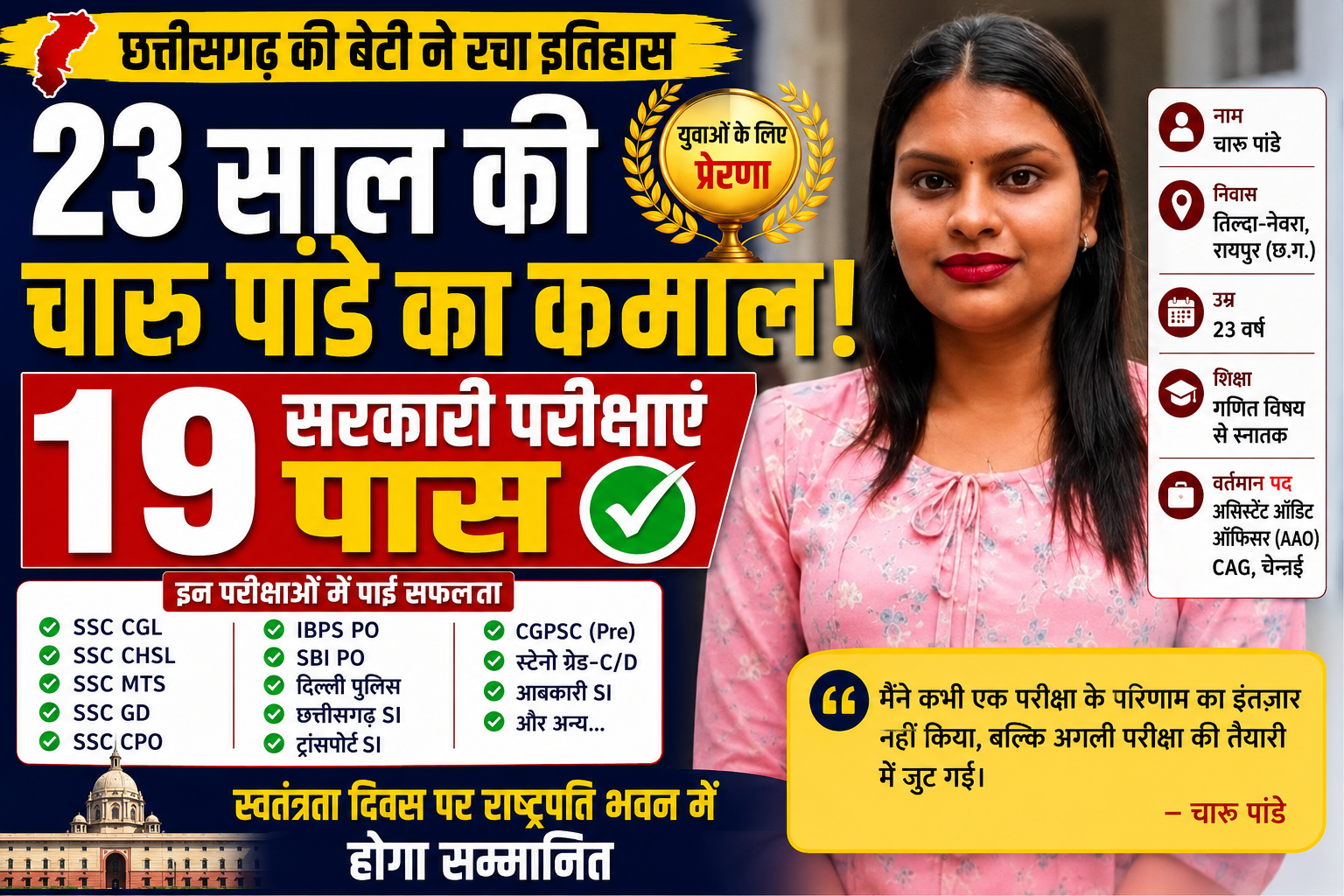 23 साल की चारु पांडे ने पास कीं 19 सरकारी परीक्षाएं, राष्ट्रपति करेंगी सम्मानित