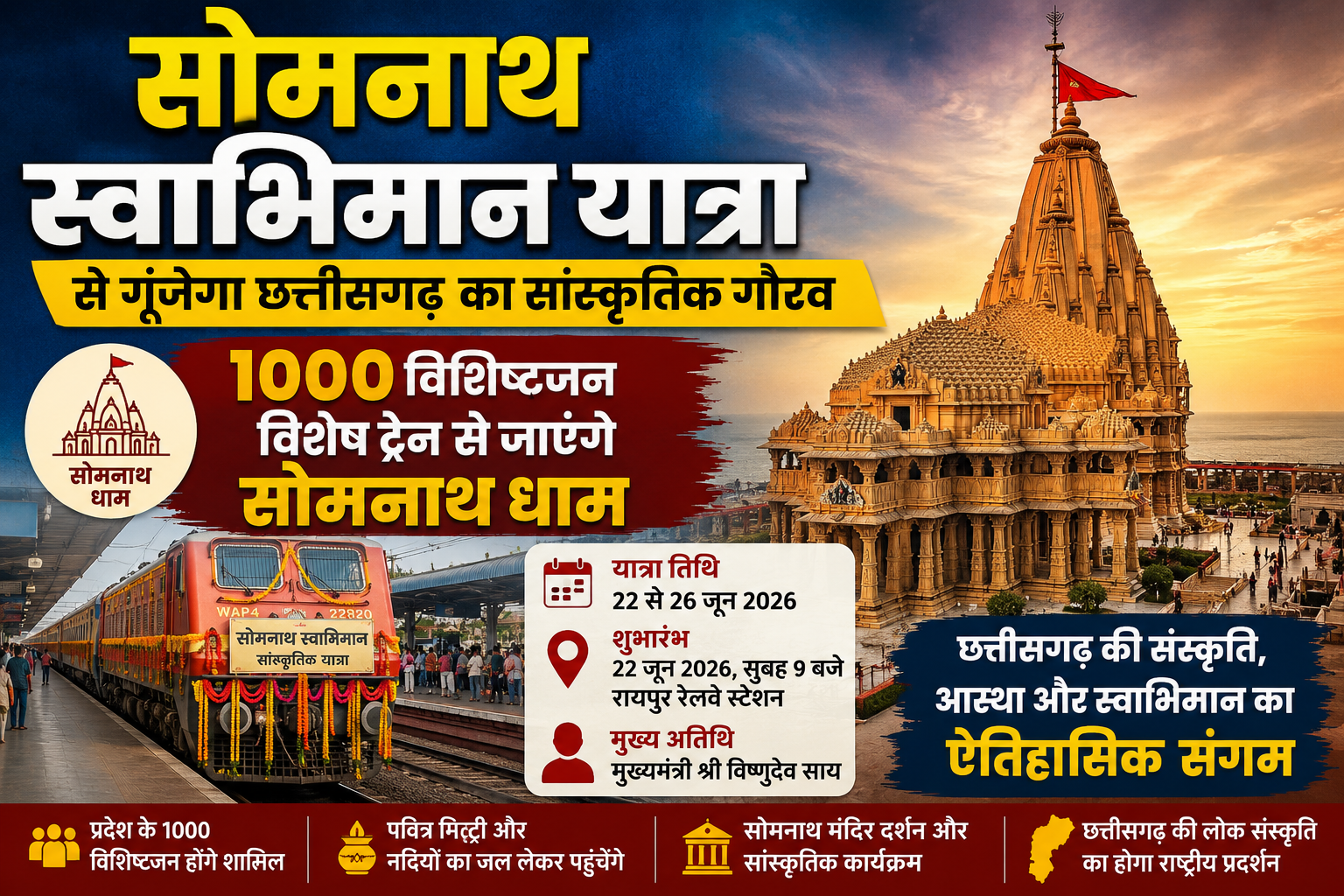 सोमनाथ स्वाभिमान यात्रा से गूंजेगा छत्तीसगढ़ का सांस्कृतिक गौरव, 1000 विशिष्टजन विशेष ट्रेन से जाएंगे सोमनाथ धाम