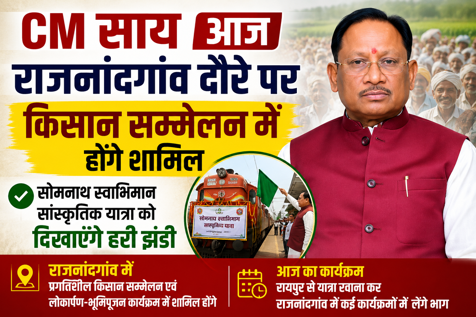 मुख्यमंत्री विष्णुदेव साय आज राजनांदगांव में किसान सम्मेलन में होंगे शामिल, सोमनाथ स्वाभिमान सांस्कृतिक यात्रा को दिखाएंगे हरी झंडी