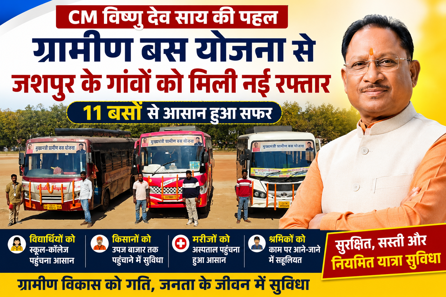 CM विष्णु देव साय की ग्रामीण बस योजना से जशपुर के गांवों को मिली नई रफ्तार, 11 बसों से आसान हुआ सफर
