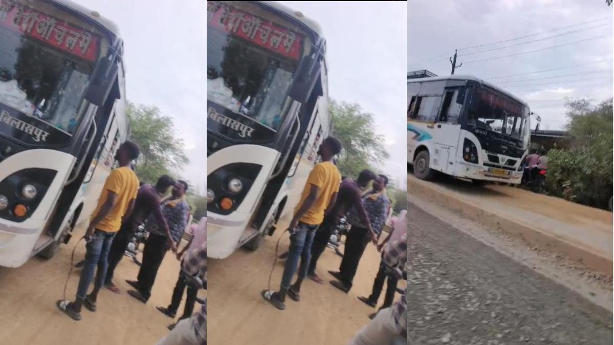 चलती यात्री बस रोककर गुंडागर्दी: चालक को बेल्ट दिखाकर दी जान से मारने की धमकी, वीडियो वायरल