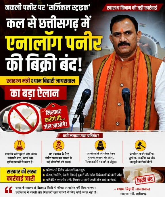 छत्तीसगढ़ में कल से एनालॉग पनीर पर प्रतिबंध, मिलावटखोरों पर होगी सख्त कार्रवाई