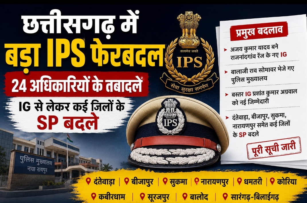 छत्तीसगढ़ में बड़ा IPS फेरबदल: 24 अधिकारियों के तबादले, कई जिलों के SP और IG बदले