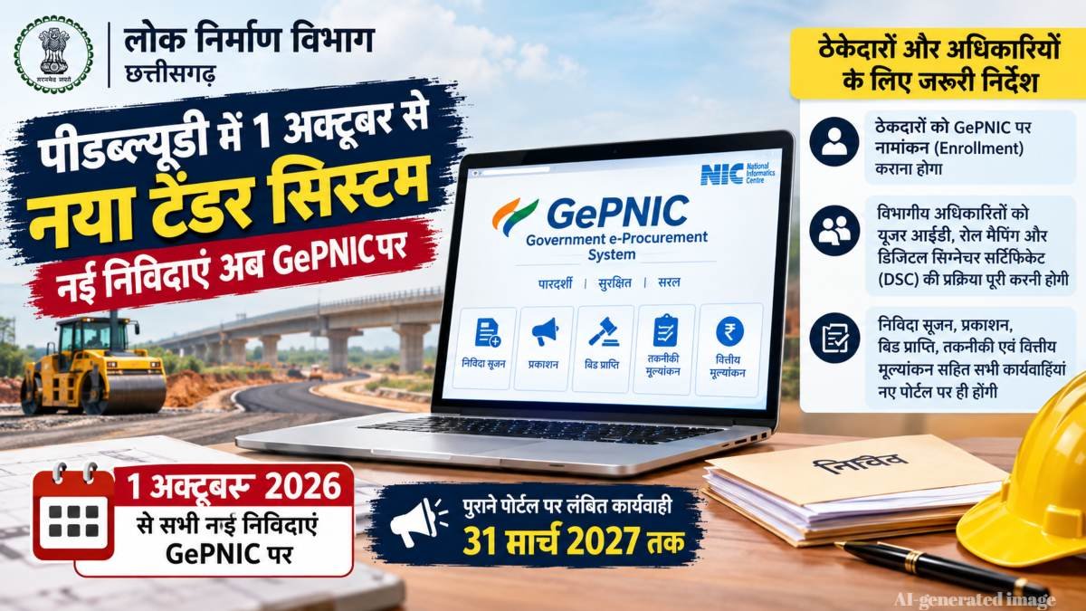 पीडब्ल्यूडी में 1 अक्टूबर से बदलेगा टेंडर सिस्टम: नई निविदाएं अब GePNIC पर, ठेकेदारों का Enrollment जरूरी